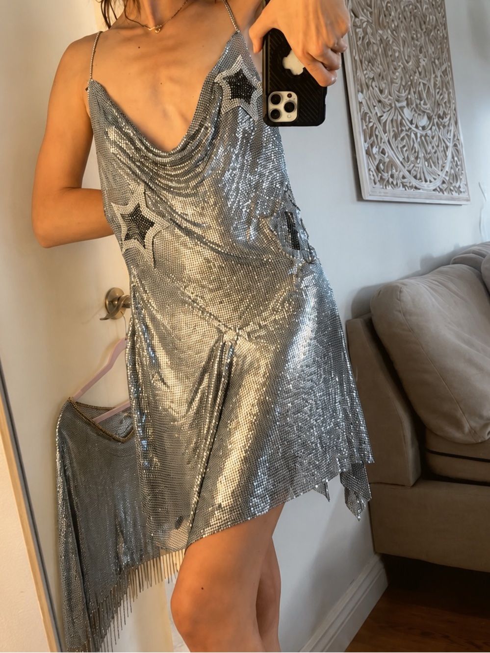 Dolls Kill Darker Wavs Silver Metallic Sequin Draped Mini Dress - Picture 3 of 8